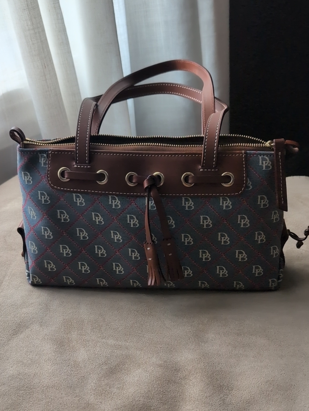 Dooney & Bourke Brown and Blue Logo-Print Satchel